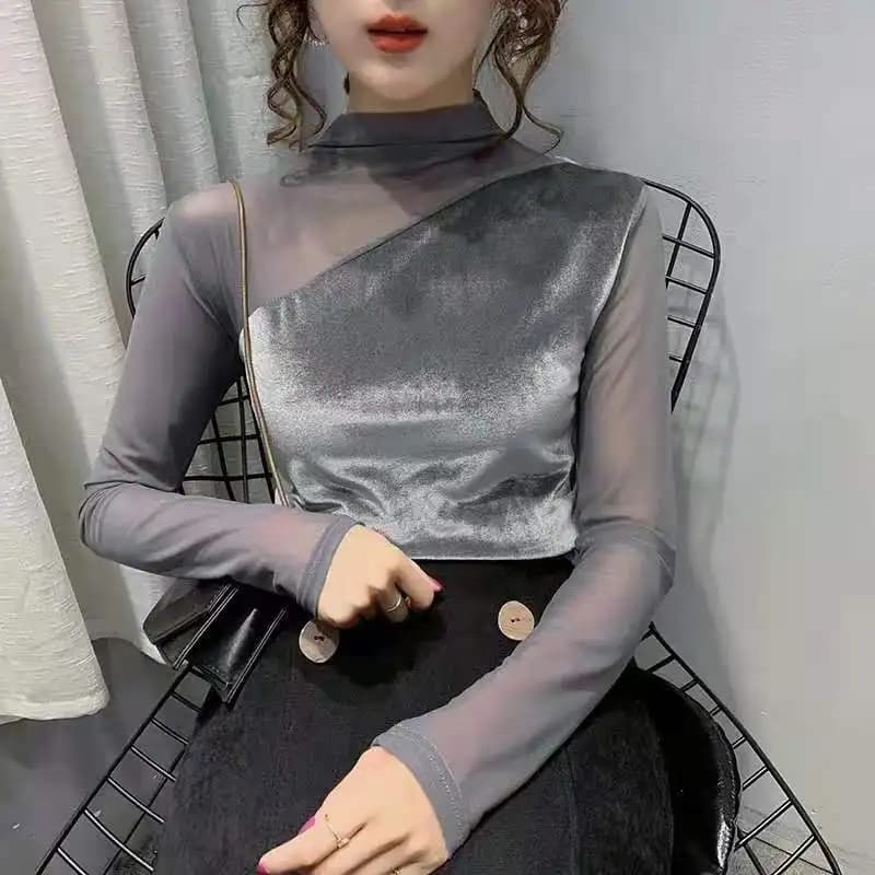 Camicetta collo alto da donna autunno e inverno elegante maglia aderente in velluto cuciture a maniche lunghe Top Blusas Ropa De Mujer