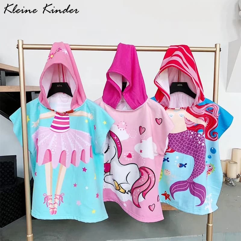 Men's Poncho Kids Cartoon Animated Coat with Hood Unicorn Microfiber Tele Sea Children Swimming Towel Bath robe Newborns Boys Bathrobe