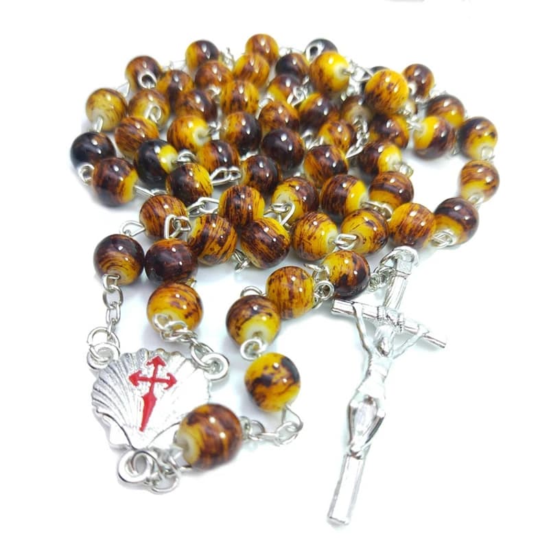 QIGO Collana con rosario in vetro leopardato con ciondolo croce religiosa per uomo e donna, gioielli lunghi
