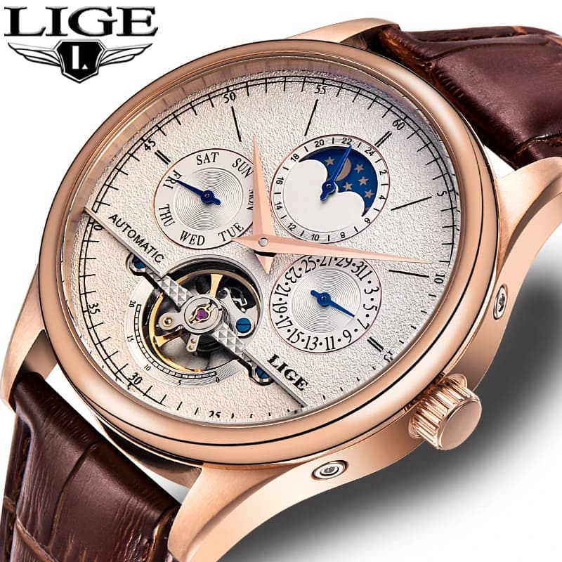 LIGE Brand Classic Mens Retro Orologi Orologio meccanico automatico Tourbillon Orologio da polso militare impermeabile in vera pelle