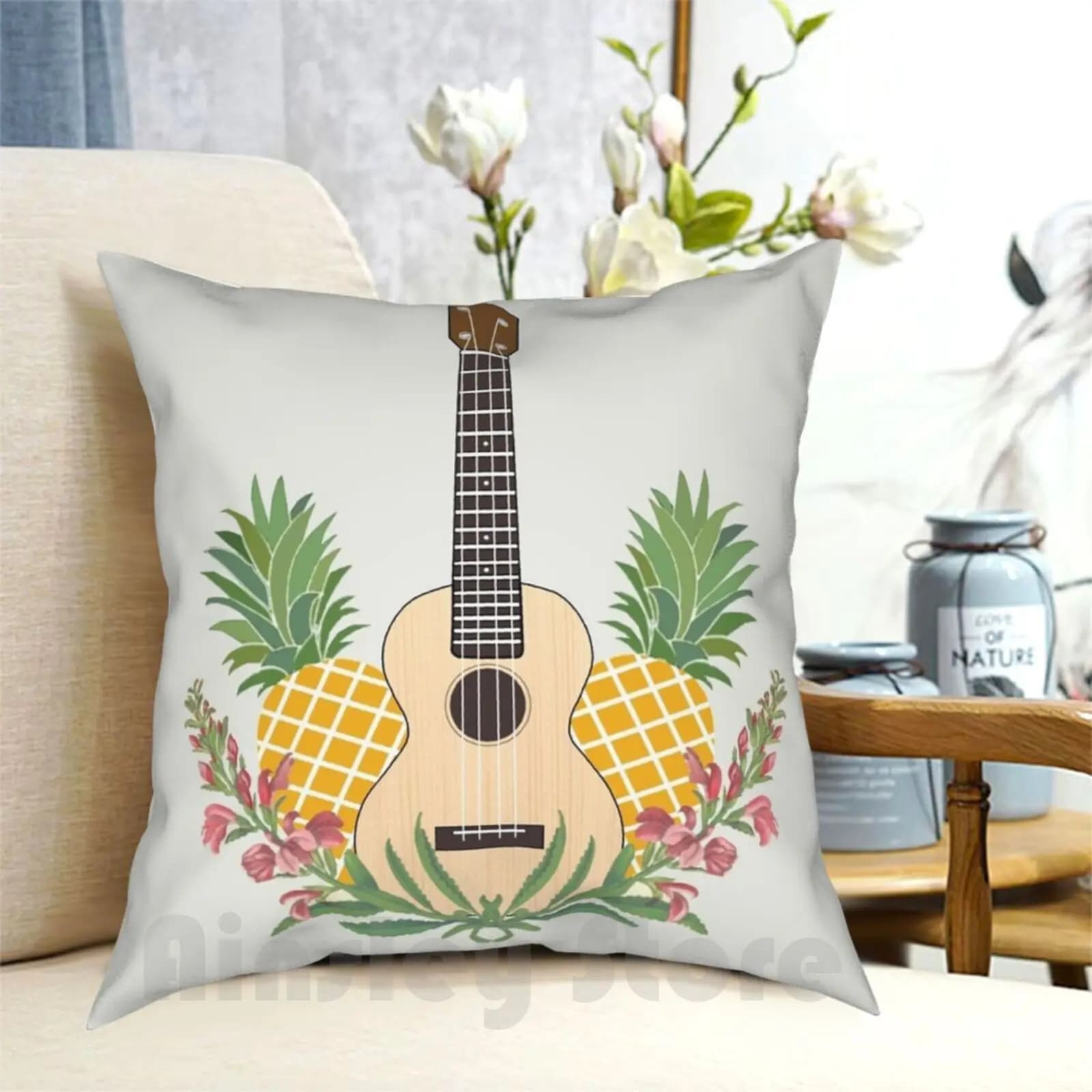 Fiori Ukulele Federa Stampata Casa Morbido Cuscino Fiori Ukulele Uke Ukulele Fiore Musica Corde Chitarra