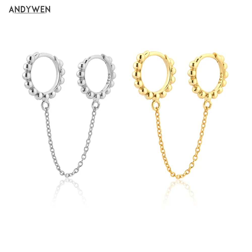 ANDYWEN 925 Sterling Silver Gold Beads Huggies Hoops catene Piercing Pendiente Clips 2021 Round regalo di nozze gioielli regalo