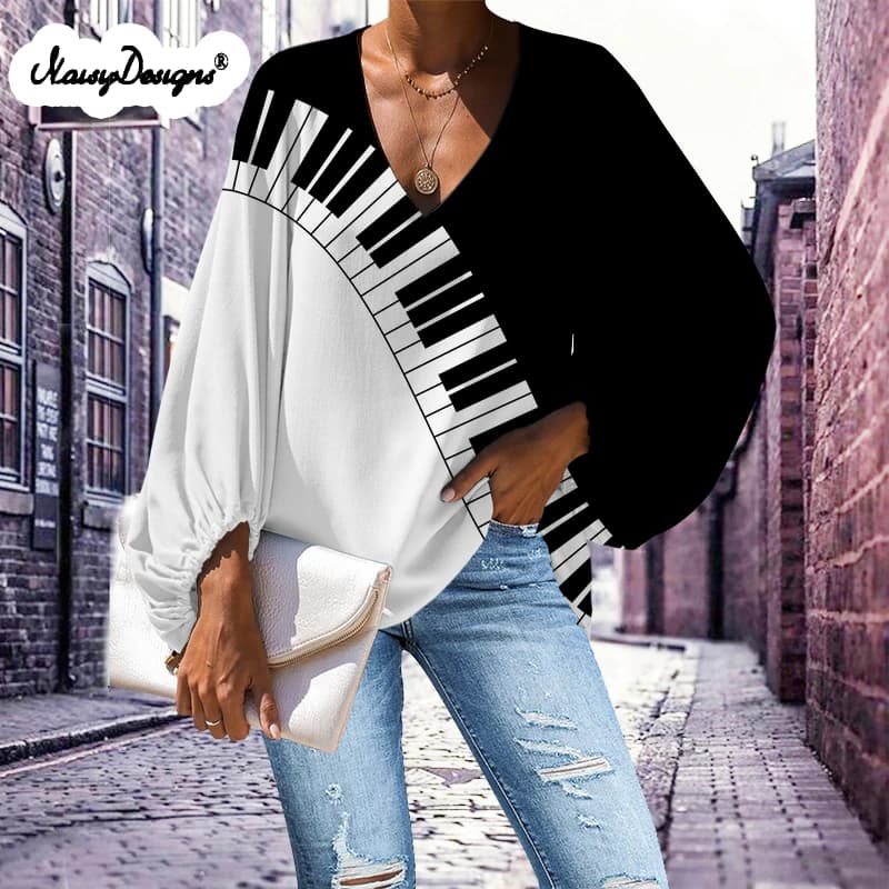 Noisydesigns 4XL Lady Summer Musical Notes Print Women Blouse Casual Loose Long Sleeve Shirt Tops V-neck 2025 Dropshipping