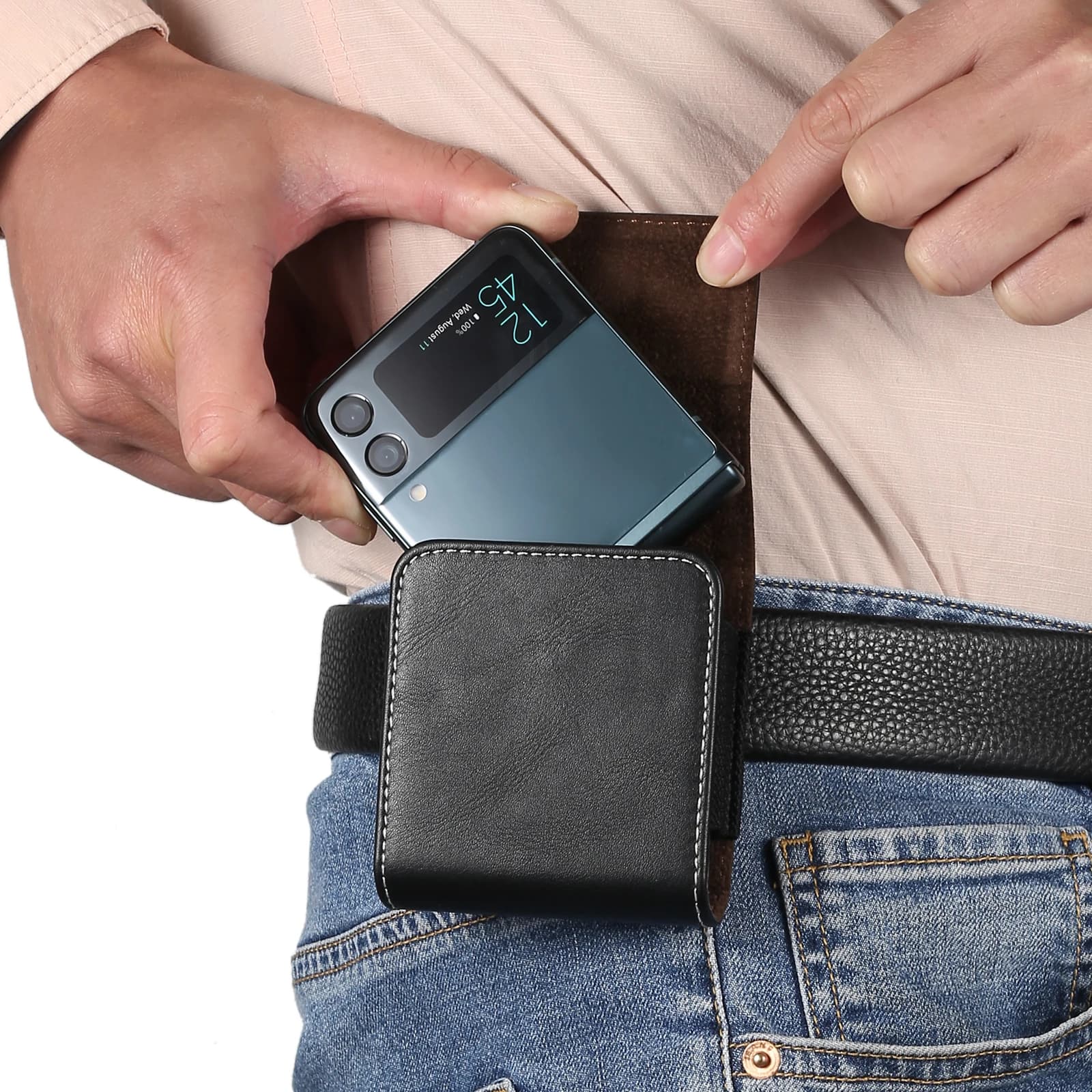 Custodia da cintura in pelle con clip da uomo marsupio per Samsung Z Flip 7 6 5 4 3 5G, Galaxy Flip7 Flip6 Flip5 Flip3, custodia per fondina Oppo Find Vivo