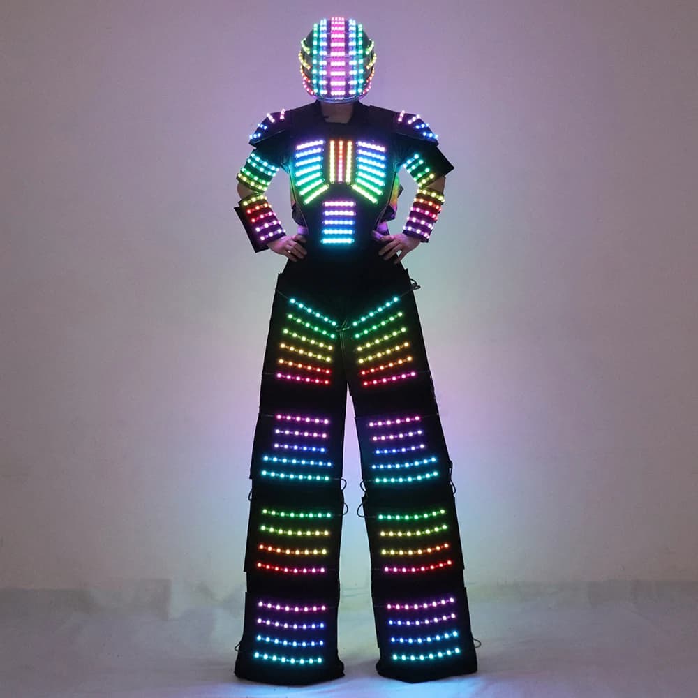 Full Color Smart Pixel LED Robot Suit Costume Light Up trampoli Walker abbigliamento casco Laser guanti LED giacca luminosa abbigliamento
