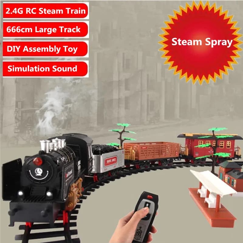 Treno a Vapore RC 2.4G ad Alta Simulazione con Funzione di Fumo, Ricaricabile, Kit di Montaggio Fai-da-te, Gioco Educativo con Suoni e Spruzzi di Vapore