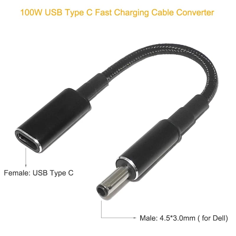 Convertitore da spina da tipo C a 4,5x3,0 mm Cavo di ricarica rapida USB C PD da 100 W per Dell Inspiron 11 3147 13 7347 15SR-1528B Vostro 15 3568
