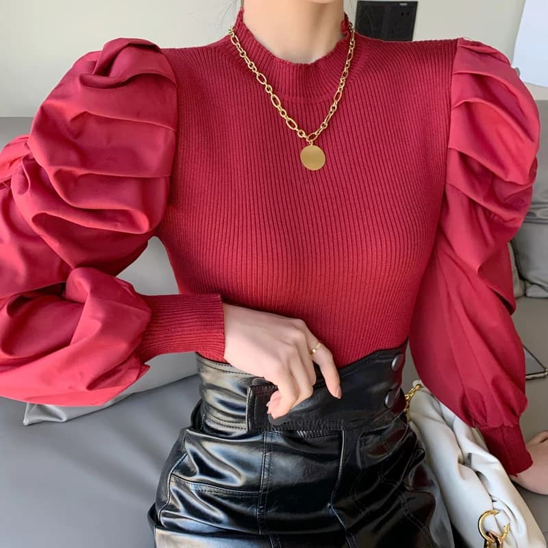 2020 nuove donne maglione solido dolcevita pullover corto top patchwork maniche a sbuffo complete maglioni maglioni per donna