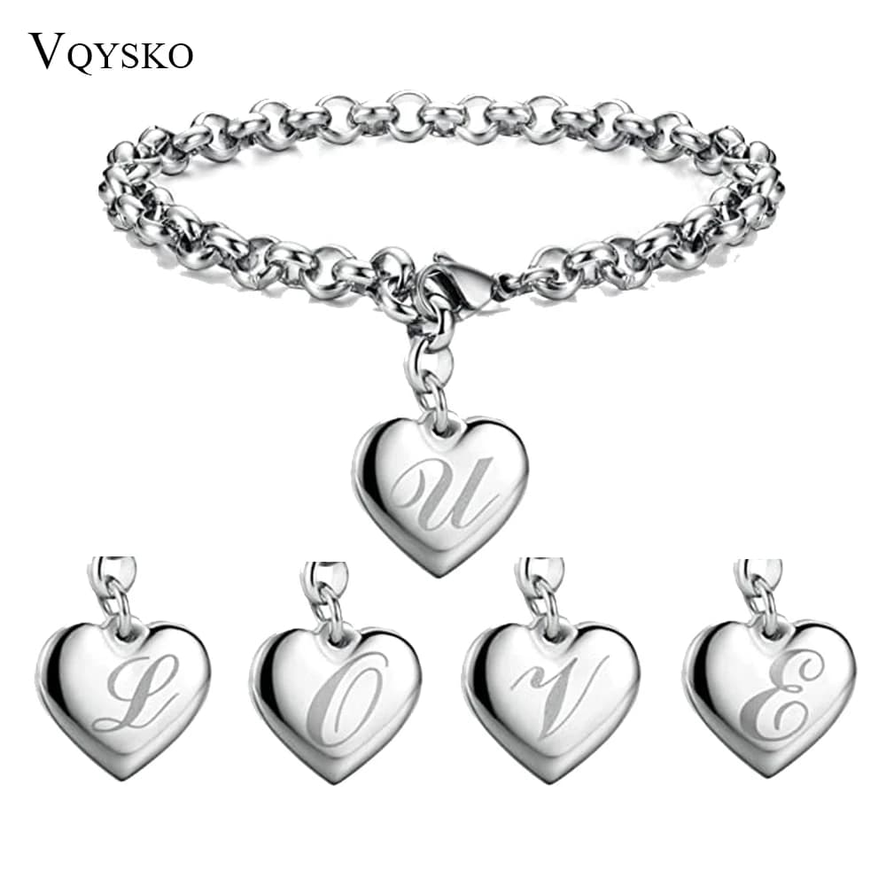 Moda estate iniziale fascino alfabeto bracciali gioielli in acciaio inossidabile cuore 26 lettere bracciale a maglie per regali da donna
