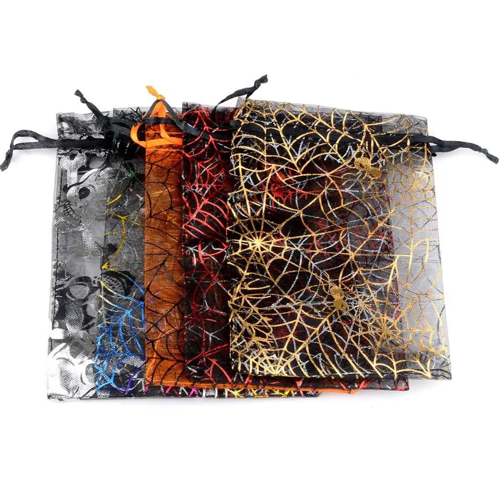 50 pz 10x15cm Organza sacchetti regalo di Halloween Spider Web Shape sacchetti di imballaggio di gioielli festa di nozze presente sacchetti di imballaggio estraibili