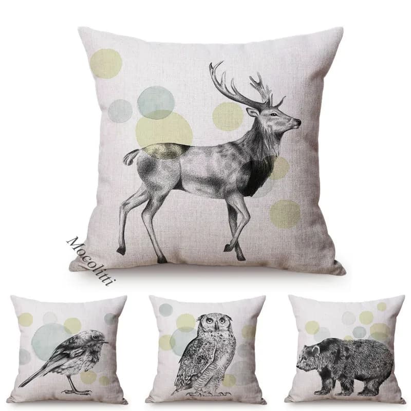 Animali Schizzo Decorazione artistica Federa Cervo Gufo Orso Uccello Matita Fodera per cuscino quadrata in cotone e lino dipinto a mano almofadas