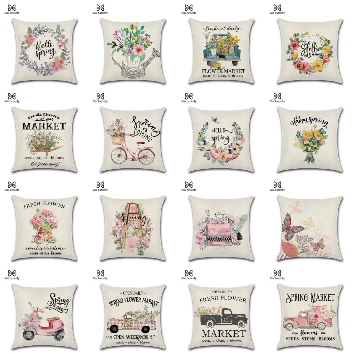 2023 New Hello Spring Floral Butterfly Closure Bike Blossoms Creative Linen pillowcase decorative sofa pillows