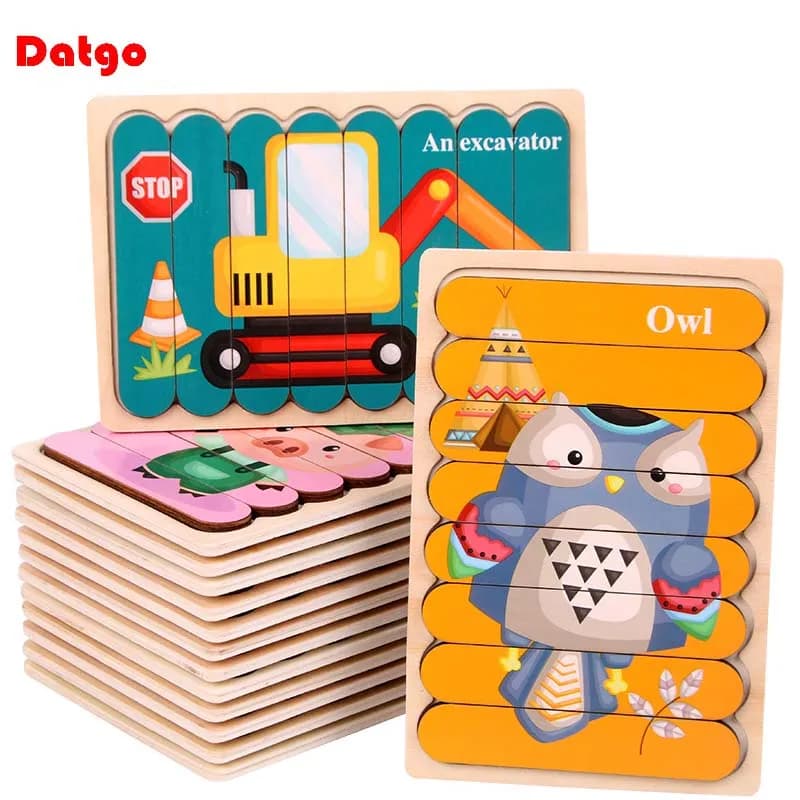 Bambini Nuova striscia di legno su due lati Puzzle 3D Veicolo in legno Frutta Puzzle Giocattolo per bambini Apprendimento del bambino Giocattoli educativi Regalo