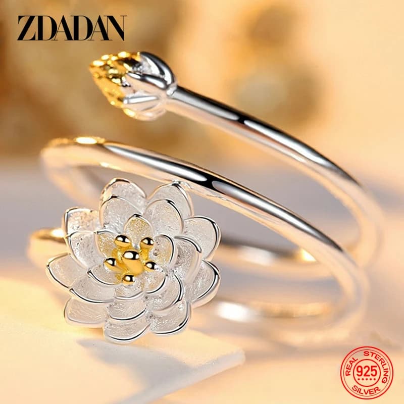 ZDADAN 925 Sterling Silver Charm Lotus Ring For Women Fashion Open Adjustable Finger Rings Jewelry Gift