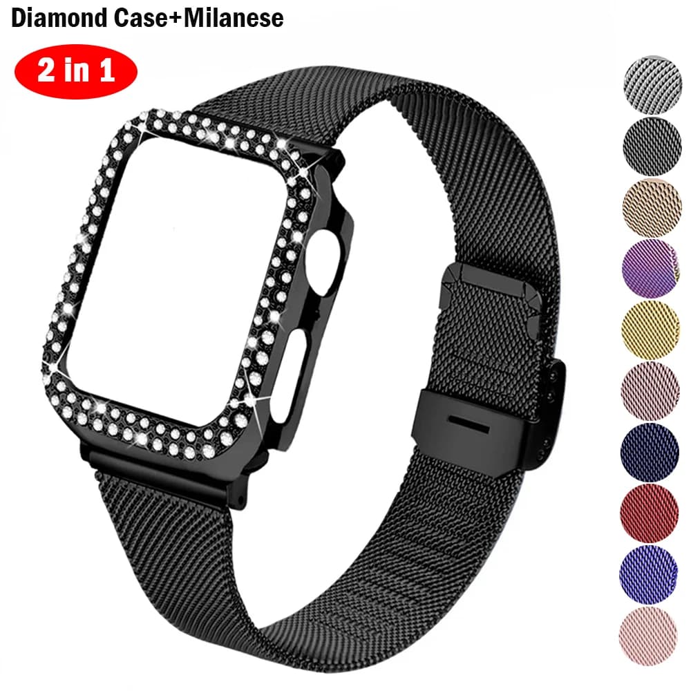 Cassa con diamanti + cinturino milanese per cinturino apple watch 44mm 40mm 41mm 45mm 38mm/42mm Bracciale Slim Loop iWatch Series 9 8 7 6 5 4 3 Se