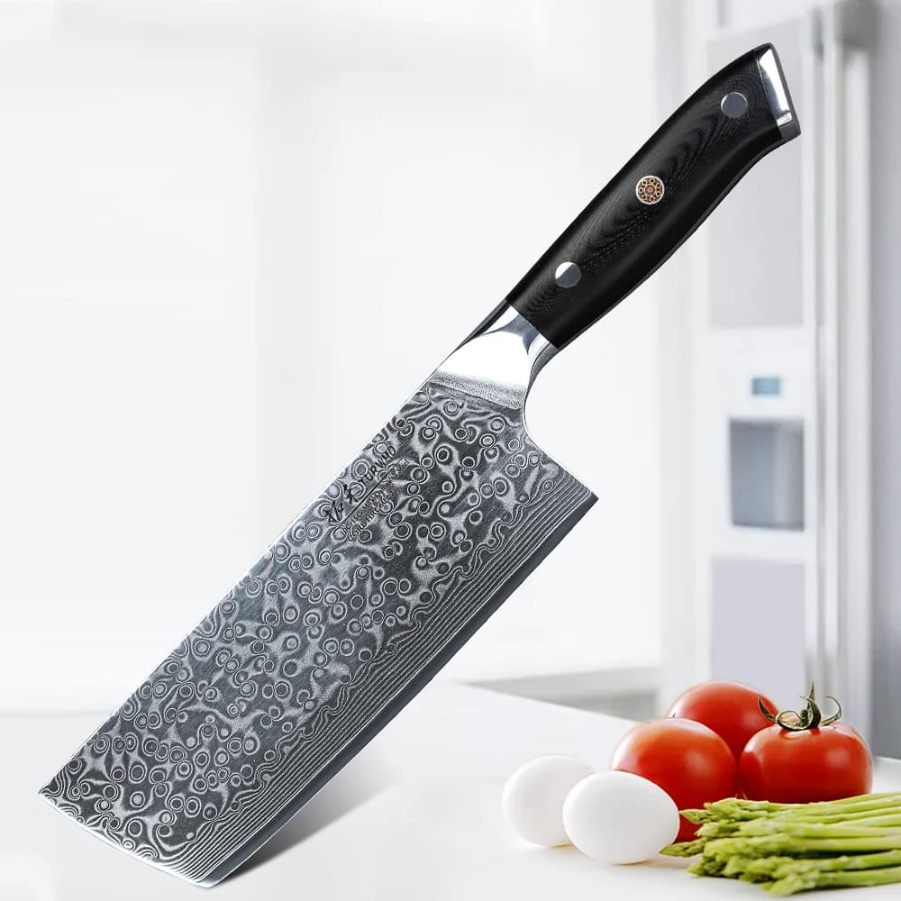 TURWHO Coltello Nakiri da 7 pollici, coltello da cucina giapponese in acciaio Damasco Samurai a 67 strati, manico G10, coltelli da chef, coltelli da macellaio, posate