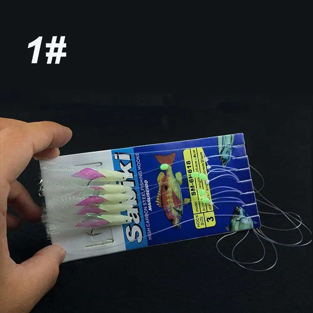 5Pcs/Set Durable Carbon Steel Fishing Tackle Soft Silicone head Tied up Glow fish lure Soft bait long tail String hook