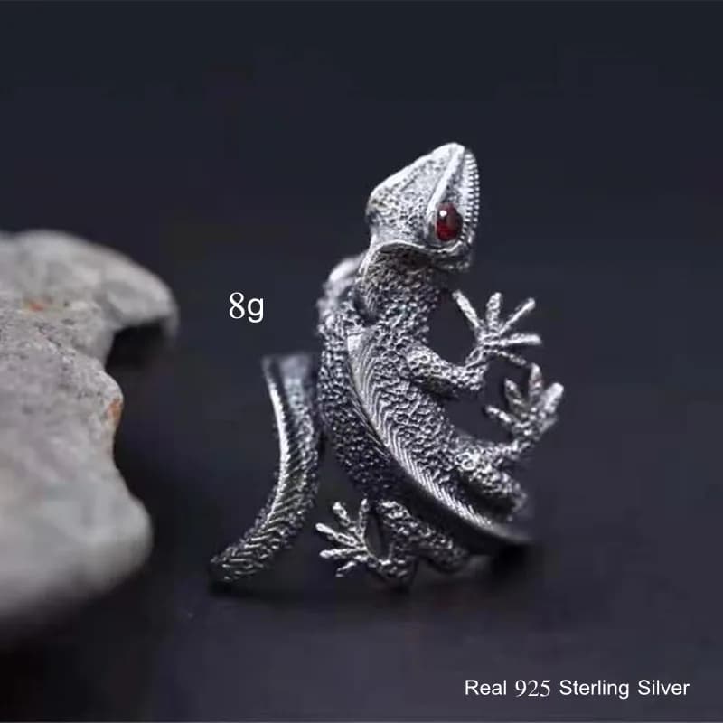 Buyee Men's Single Ring Sterling Silver 925 with Green finger lizard animal open ring for men fashion punk big circle of refined jewelry