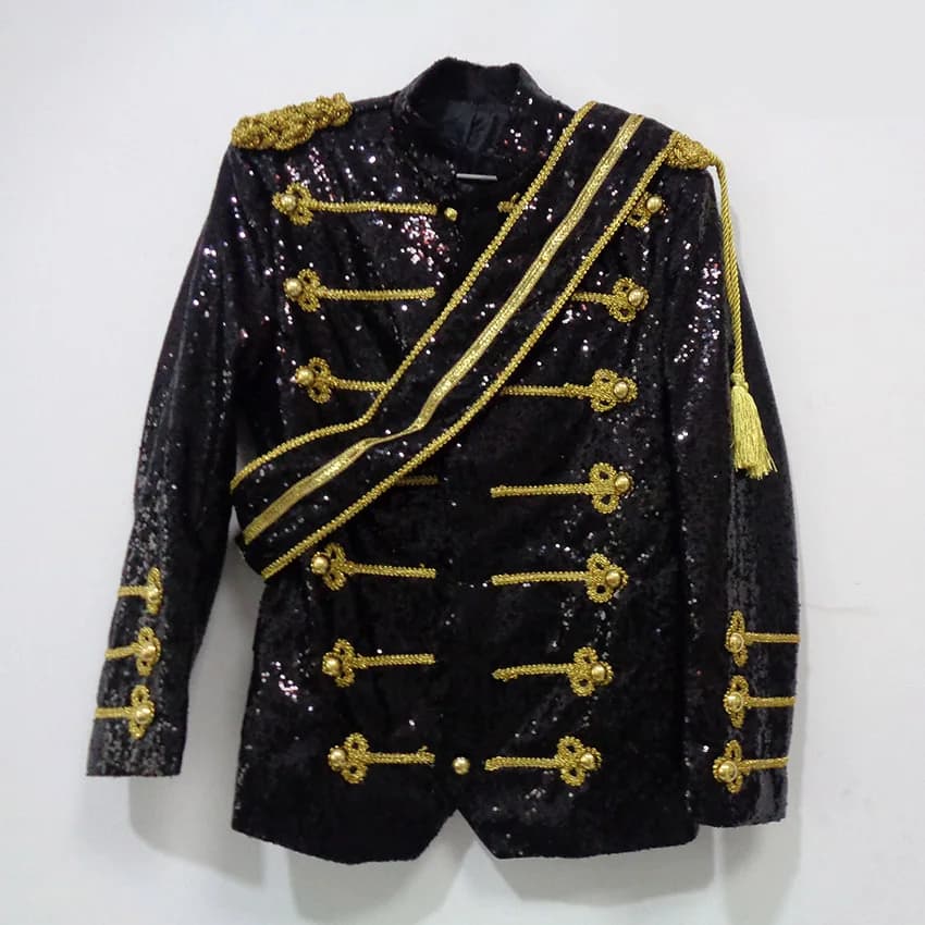 Michael Jackson MJ Cappotto da ballo con paillettes Giacca da palcoscenico Cantante Costume cosplay Abito uniforme di Halloween Personalizza qualsiasi dimensione
