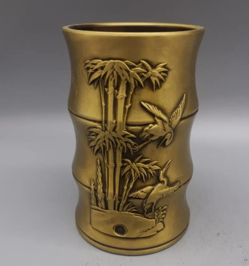 Antique copper collection relief bamboo pen holder brush pot home stationery supply desktop decoration craft