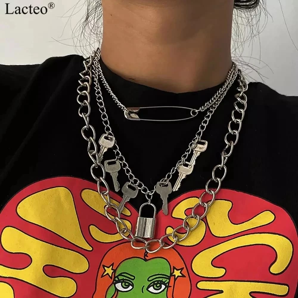 Lacteo Dark Gothic Big Lock Key collana con ciondolo angelo Punk Hip Hop collana girocollo in tre stili gioielli per uomo e donna regalo