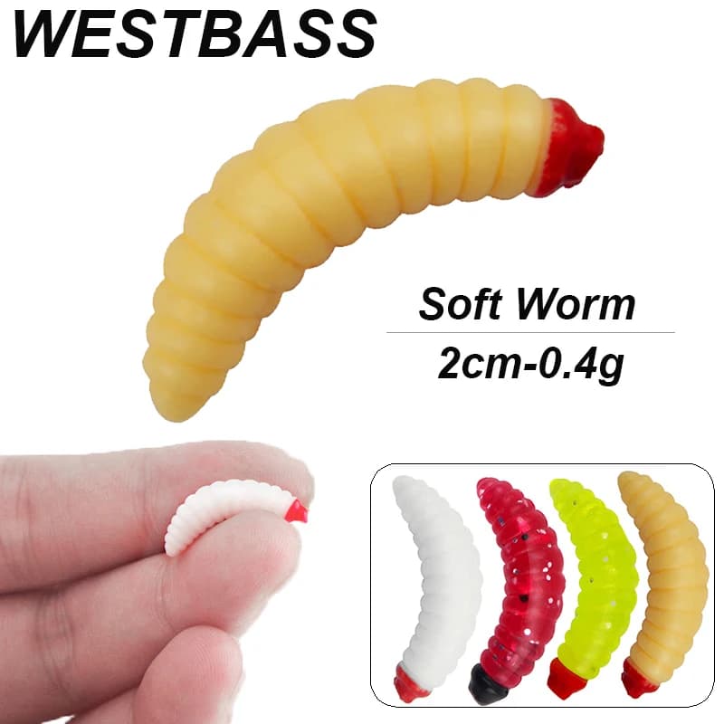 WESTBASS 20/50PCS Morbido Larva Swimbait 2cm Silicone Verme Esche Gamberetti di Gomma Wobblers Odore di Pesce Esche Da Pesca Vivido Isca Pesca