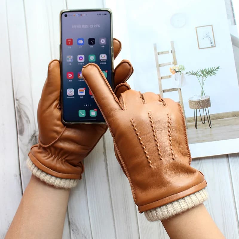 Guanti in pelle di pecora touch screen da uomo invernali ispessimento calore moto guida moda 2021 nuovi guanti da dito marroni