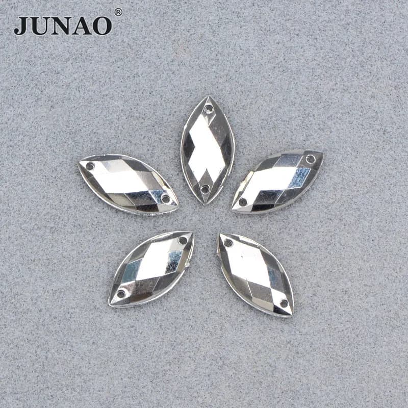 JUNAO 500 pz 7x15mm Argento Cavallo Occhio Strass Applique Flatback Cristalli Acrilici Cucito Glitter Pietre Per Scarpe Da Sera FAI DA TE