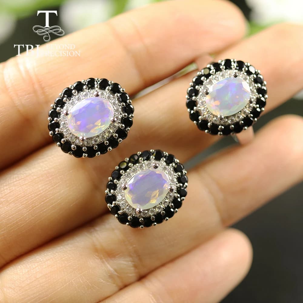 TBJ Set di gioielli con opale naturale da 3,8 ct per donna, taglio ovale, 7*9 mm, pietra preziosa autentica, argento sterling 925, gioielleria raffinata, miglior regalo