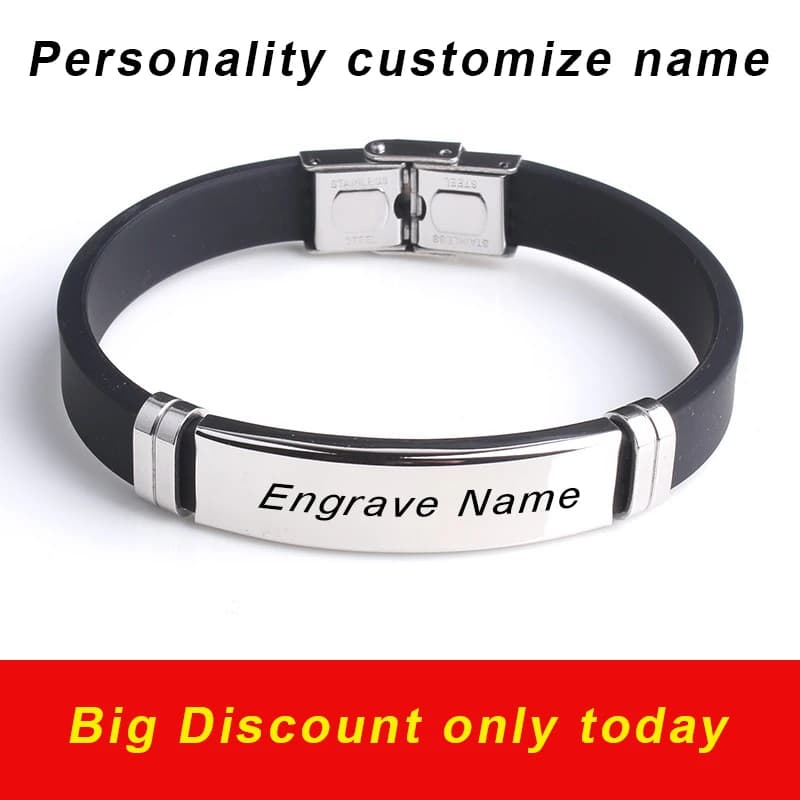 Bracciale con nome personalizzato con logo inciso alla moda Braccialetti in acciaio inossidabile in silicone liscio per gioielli da uomo con personalità