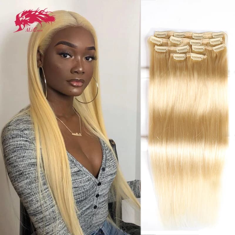 Straight hair clip Ali Queen in human hair extension Natural Black # 613 Human hair band Remy blonde 120G 7 pieces/pz made by machine
