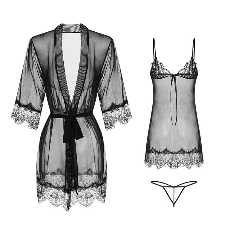 Women's Night Dress Sexy Lace Night Dress Digging Out Night Shirt Kimono Dress Two Piece Dress Sexy Women's Lingerie Home Dress