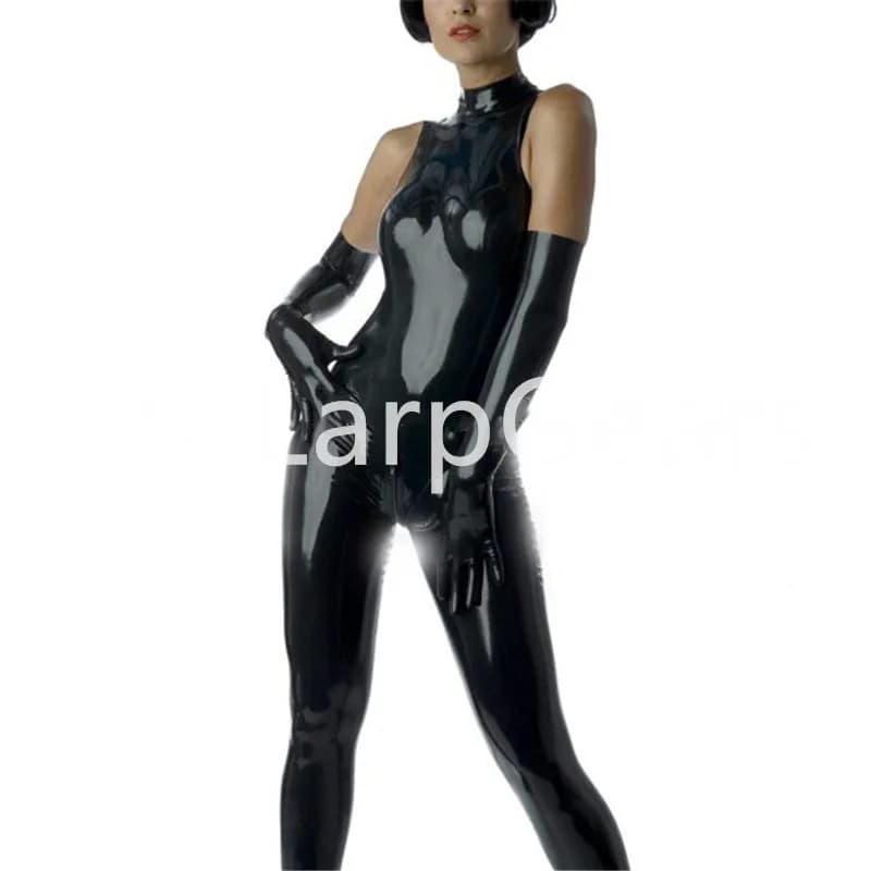 Catsuit in lattice nero senza maniche fatto a mano, gilet in lattice di gomma, body con cerniera sul cavallo posteriore senza guanti