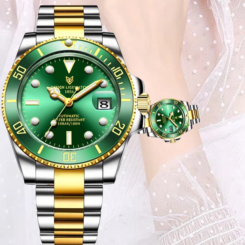 LIGE Orologio automatico da donna di lusso delle migliori marche Orologi meccanici da donna Bracciale in acciaio Orologio da donna Orologio con data impermeabile Regalo per ragazza