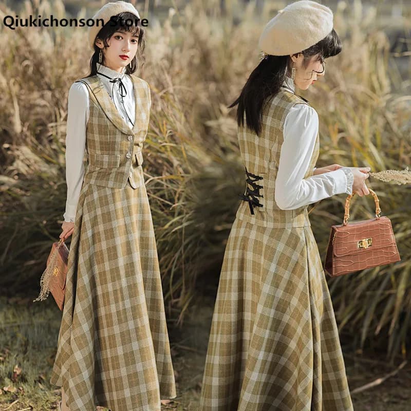 Completi da donna Primavera Autunno Vintage Inghilterra Stile Elegante da donna Plaid Indietro Lace-Up Crop Suit Gilet Camicia Maxi Gonna Set da 3 pezzi