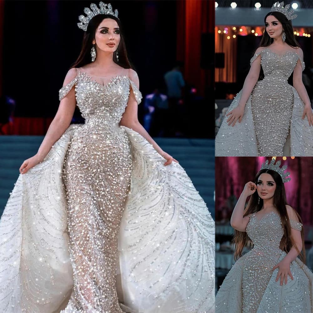Bellissimo abito da sposa a sirena con strascico staccabile con spalle scoperte Abito da sposa con paillettes e perline brillanti Abito da sposa su misura