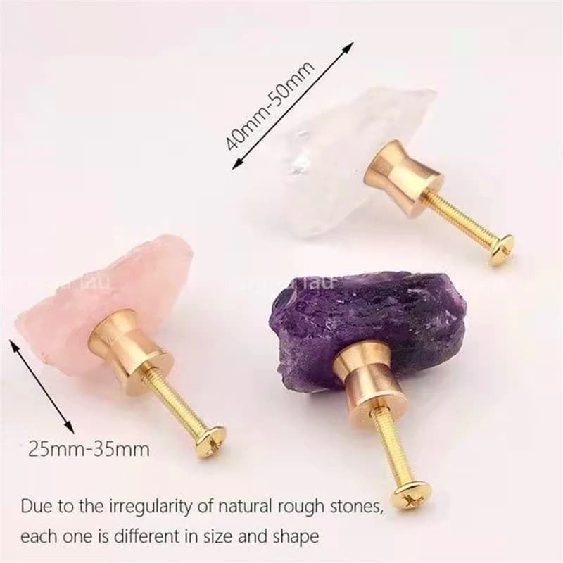 Nuovi Pomelli e Maniglie in Fluorite Grezza Naturale con Base in Ottone per Cassetti, Armadietti da Cucina e Porte - Tiranti in Cristallo Trasparente