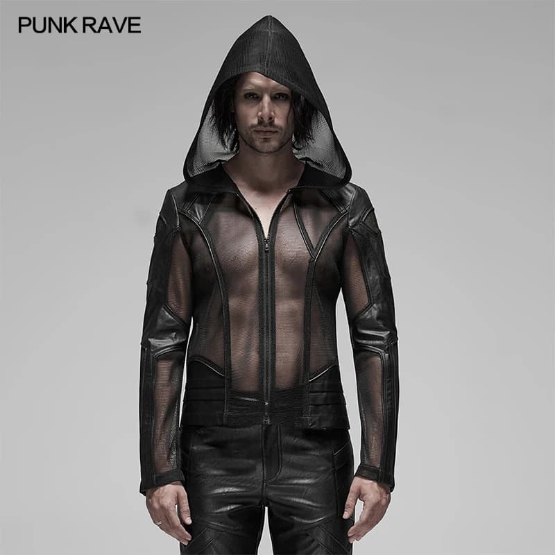 PUNK RAVE Felpa con cappuccio in rete punk da uomo, giacca con cappuccio trasparente in poliestere nero WY1155