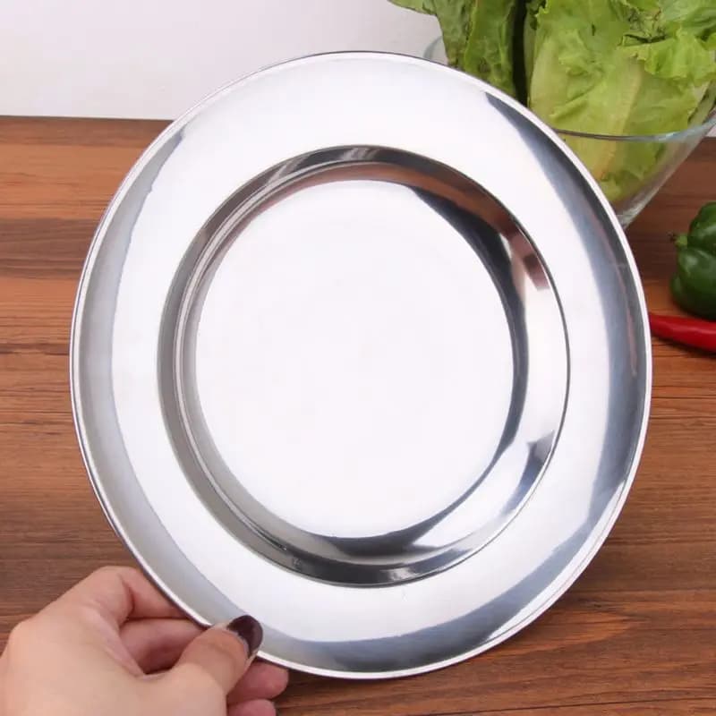 Piatto piano rotondo in acciaio inossidabile, contenitore per alimenti, campeggio all'aperto, stoviglie da picnic, 16-24 cm