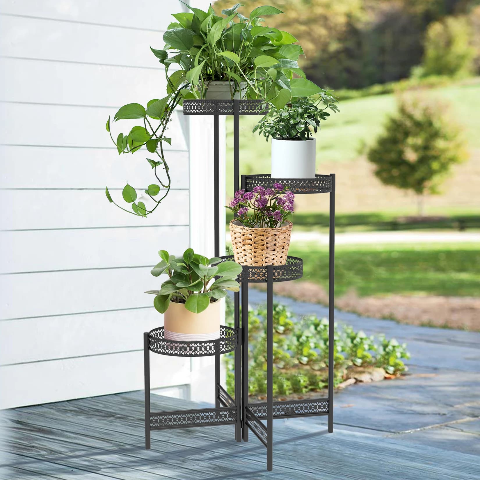 Supporto per piante in metallo a 3/4 livelli Espositore per vasi da fiori alto nero per interni pieghevole per balcone ad angolo del soggiorno del giardino del patio