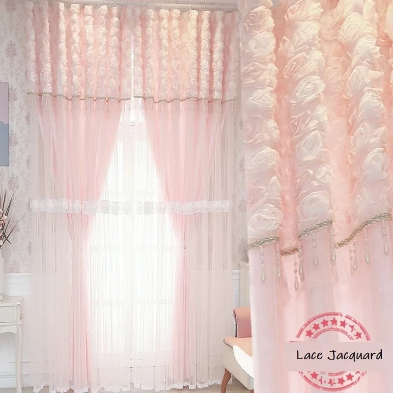 Nuove tende pastorali coreane in pizzo rosa 3D rosa, tende oscuranti a doppio strato stile principessa per il soggiorno della camera da letto della ragazza