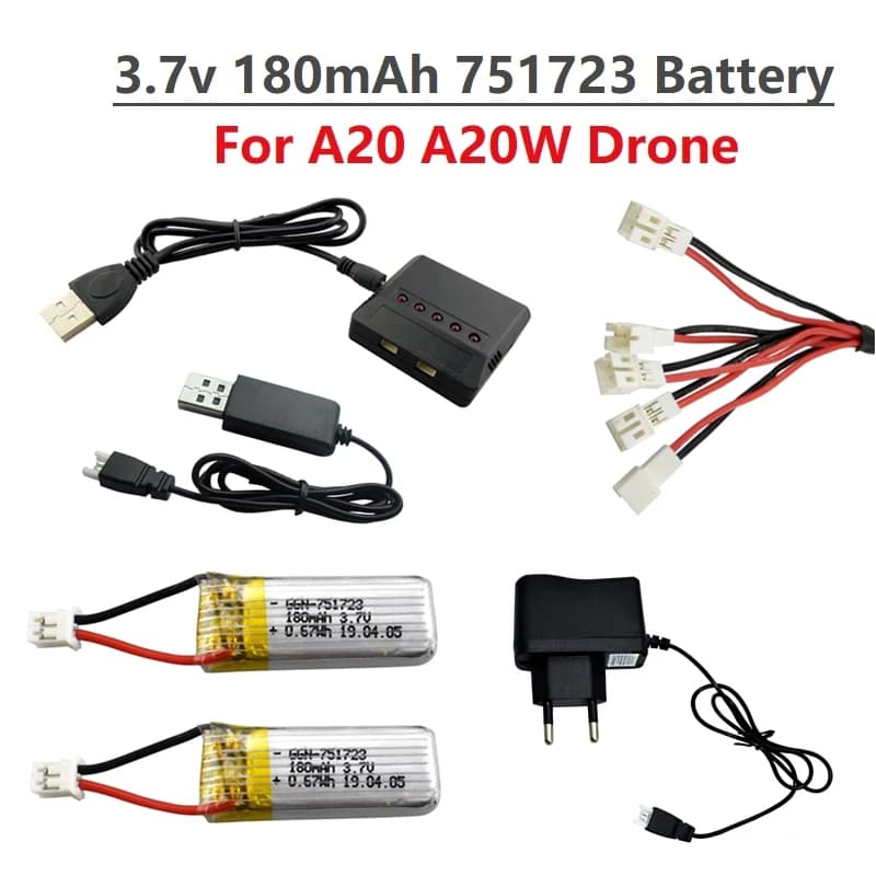 Batteria Lipo Originale 3.7V 180mAh e Caricabatterie per Drone Quadricottero RC A20 A20W, Ricambi per Batteria Drone A20 A20W