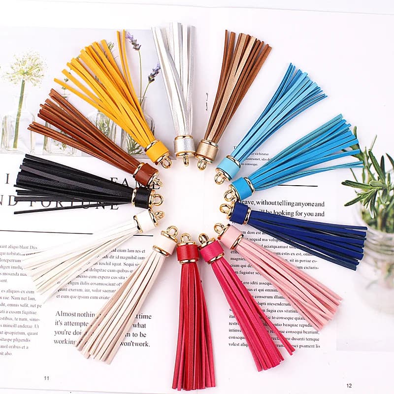 WFFNNKC 4-10Pcs Gold Silver Cap Faux Leather Trim Tassel Fringe DIY Key Chain Jewelry Findings Accessories Crafts Sewing Pendant