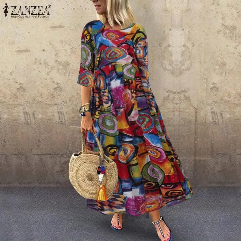 2025 Autunno Estate ZANZEA Abito a pieghe Donna Abiti vintage Robe Stampato Abiti lunghi maxi Femme Tunica manica 3/4