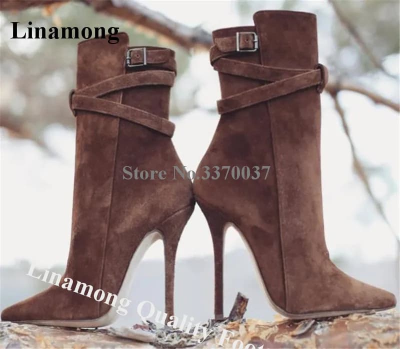 Boots with suede stiletto heel with high-quality tip lintra ankle straps brown buckles high heel ankle boots heel party heel dress heel