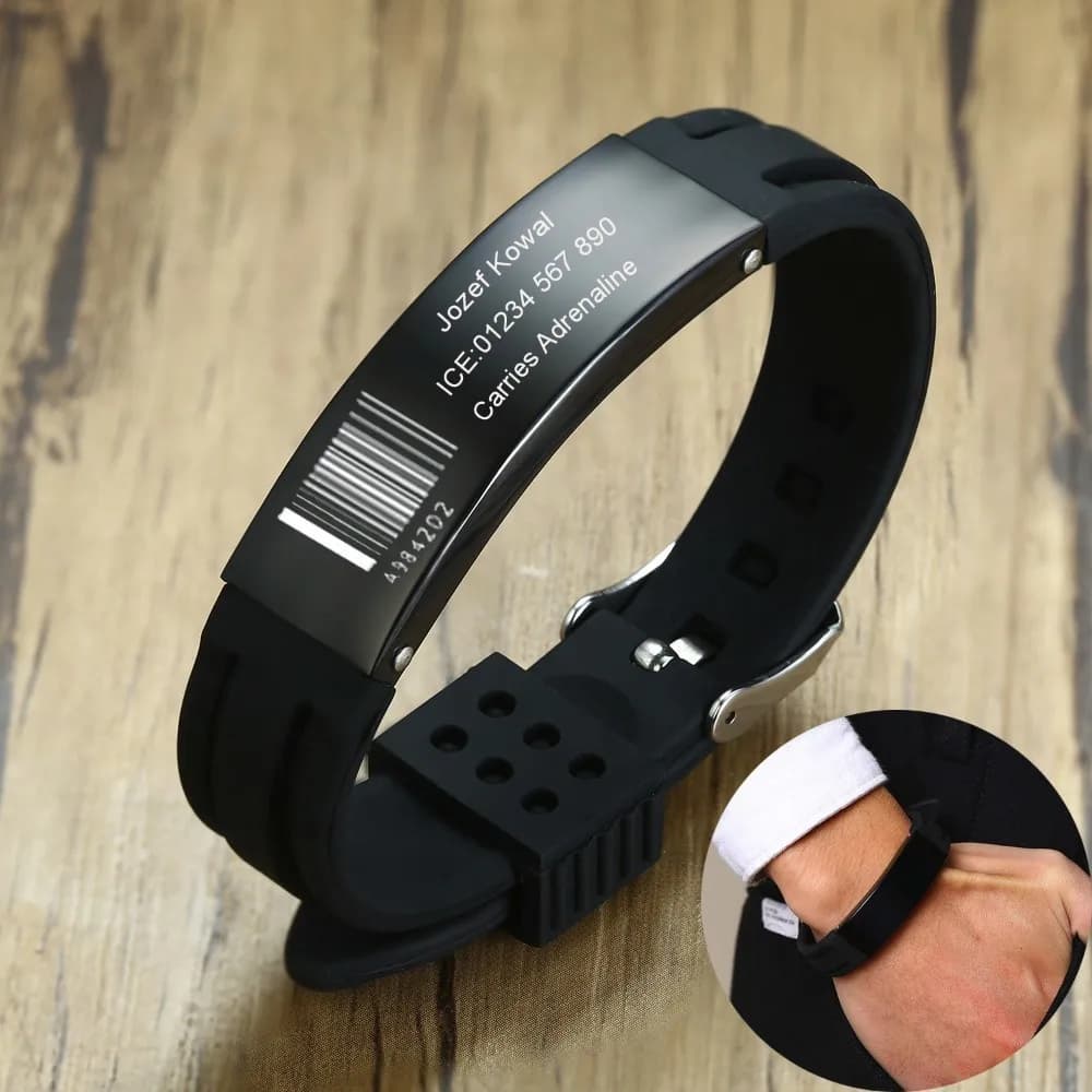 Personalized Silicone Bracelet Black Wrist Watch Band Elite ID 16mm Stainless Steel ID Tag Engraving Adjustable Bracelet
