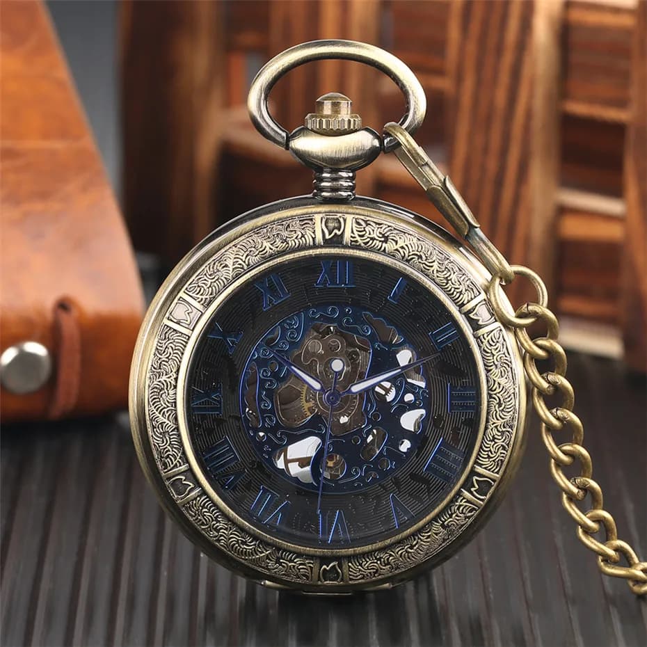 Men's Vintage mechanical pocket watch with blue Roman numerals Display watch with transparent pendant gifts for women's watch with hand winding