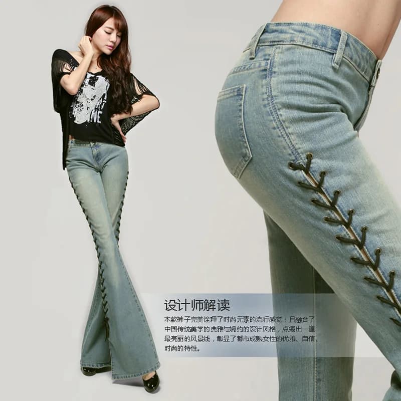 TIYIHAILEY Jeans lunghi primaverili ed estivi con fondo a zampa d'elefante Pantaloni slim da donna con allacciatura Pantaloni in denim svasati 26-34