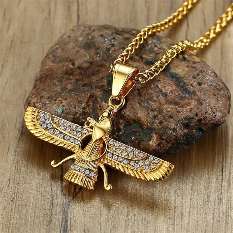 Ahura Mazda Zoroastrian Farvahar Wing Necklace Pendant Stainless Steel Medyan religi Achaemenian Men Jewelry