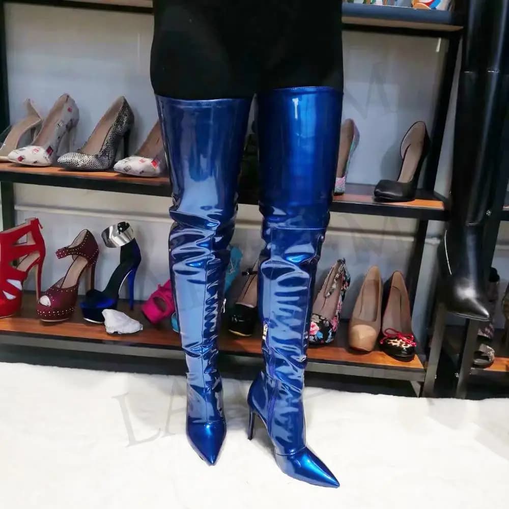 LAIGZEM SEXY Women Over-the-Knee Boots Stage Party Club Heeled PATENT Stiletto Heels Thigh High Boot Big Size 39 41 45 47